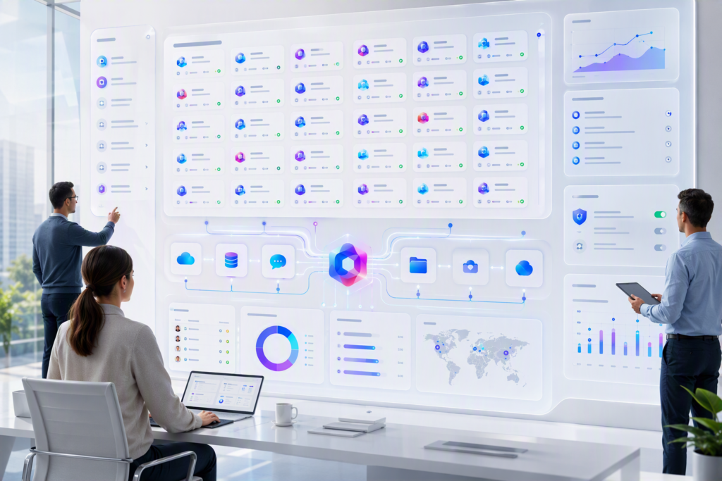 Une équipe observe un tableau de bord regroupant des agents et des indicateurs de suivi.