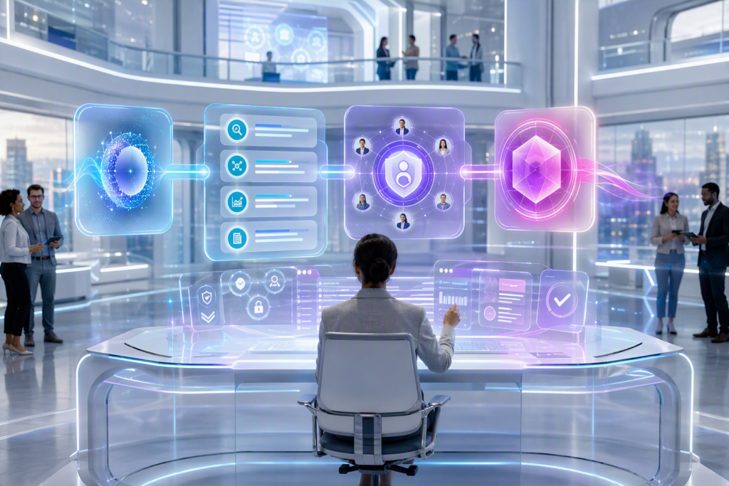 Une personne examine un tableau de contrôle associant un profil utilisateur à des indicateurs de validation.