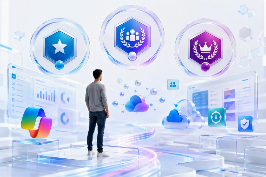 Un professionnel face à trois badges de certification et à des écrans associés à Microsoft Copilot.