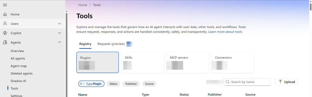 Page Outils du Centre d’administration Microsoft 365 : registre des plugins, des compétences, des serveurs MCP et des connecteurs