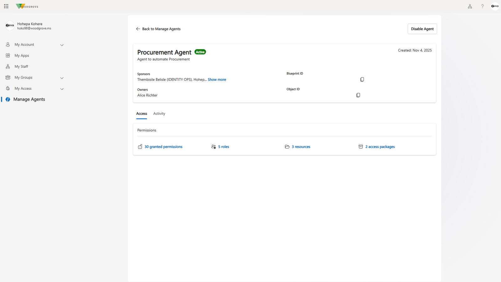Fiche d'un agent dans la page Gérer les agents du portail Mon compte de Microsoft Entra : parrains, propriétaire, identifiant de blueprint et permissions accordées, avec le bouton Désactiver l'agent