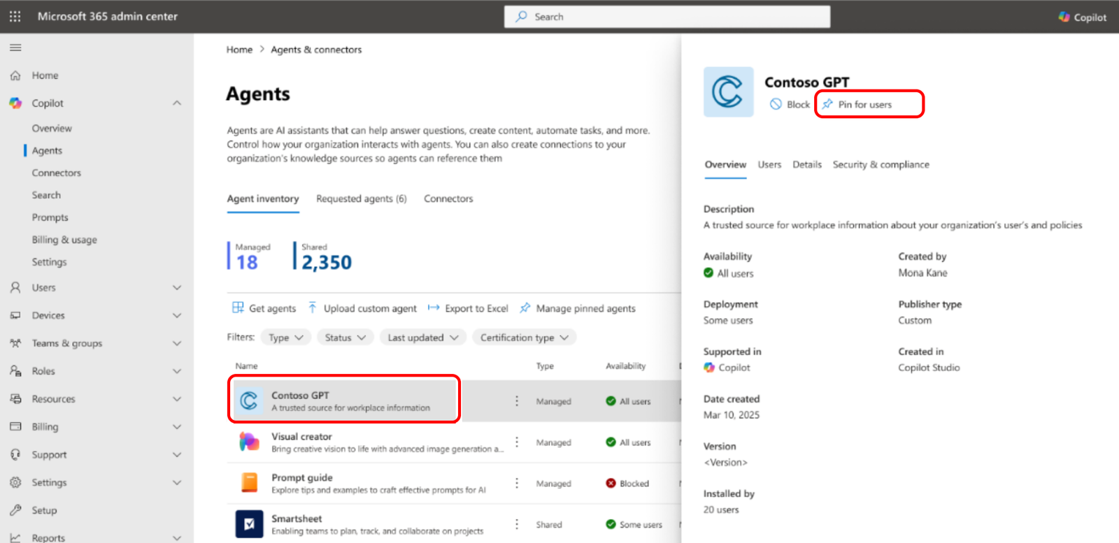 Volet de détails d'un agent créé dans Copilot Studio dans l'inventaire des agents du Centre d'administration Microsoft 365, avec son créateur, son type d'éditeur et le bouton Bloquer