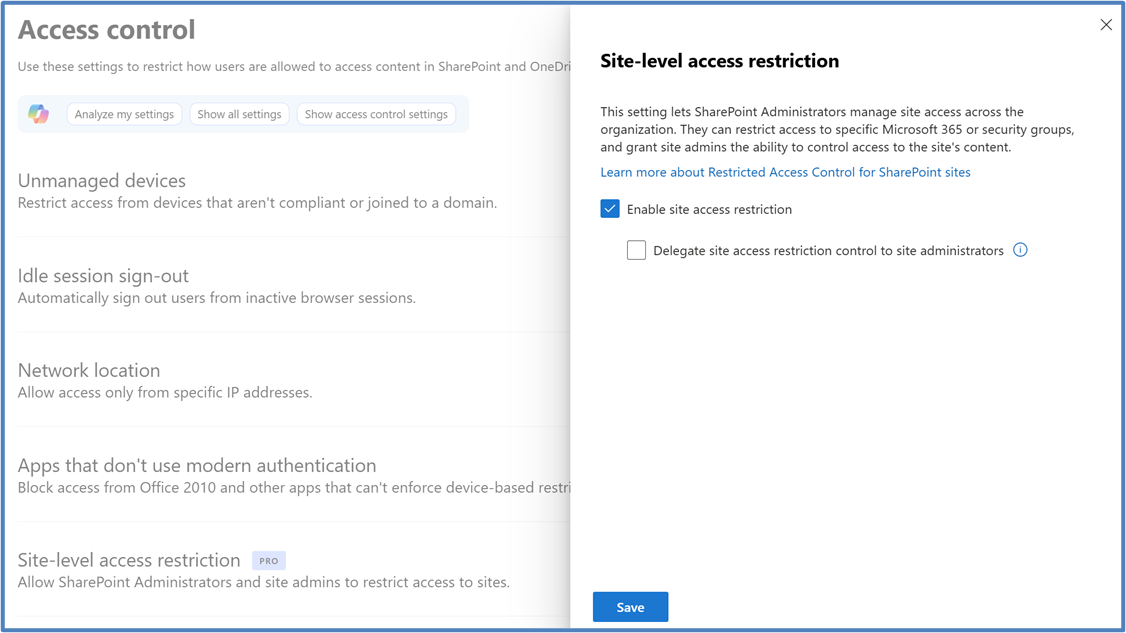 Capture du Centre d'administration SharePoint, page Access control : le volet « Site-level access restriction » avec la case « Enable site access restriction » cochée