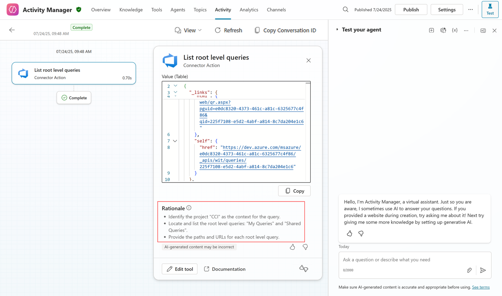 Onglet Activité d'un agent dans Copilot Studio : carte d'une action de connecteur avec ses données de sortie et la section Rationale qui résume pourquoi l'agent a utilisé l'outil