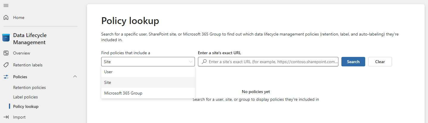 Capture de la page Policy lookup de Data Lifecycle Management dans Microsoft Purview : recherche des politiques par utilisateur, site ou groupe Microsoft 365