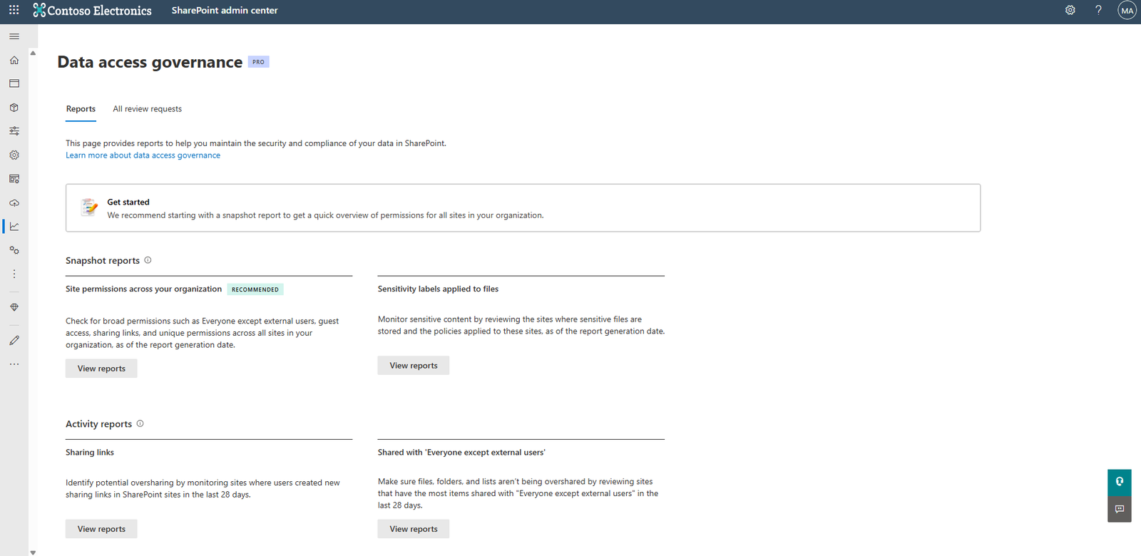 Capture du Centre d'administration SharePoint, page Data access governance : rapports instantanés (permissions de sites, étiquettes de confidentialité) et rapports d'activité (liens de partage, partage avec « Everyone except external users »)