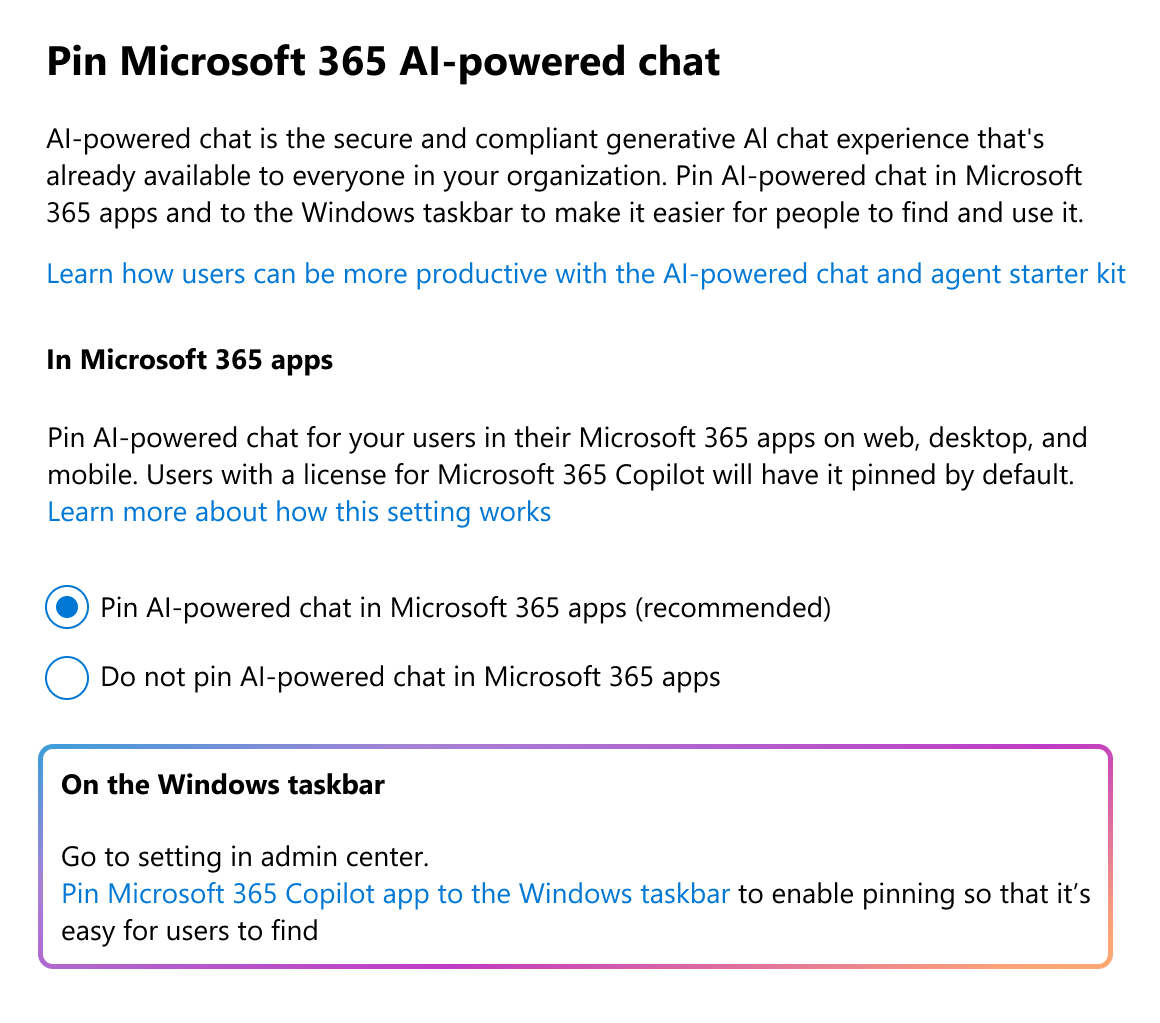 Réglage d’épinglage du clavardage Copilot dans le Centre d’administration Microsoft 365